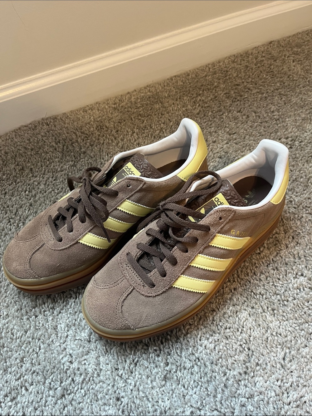 adidas Gazelle Bold Brown Suede Sneakers with Yellow Stripes